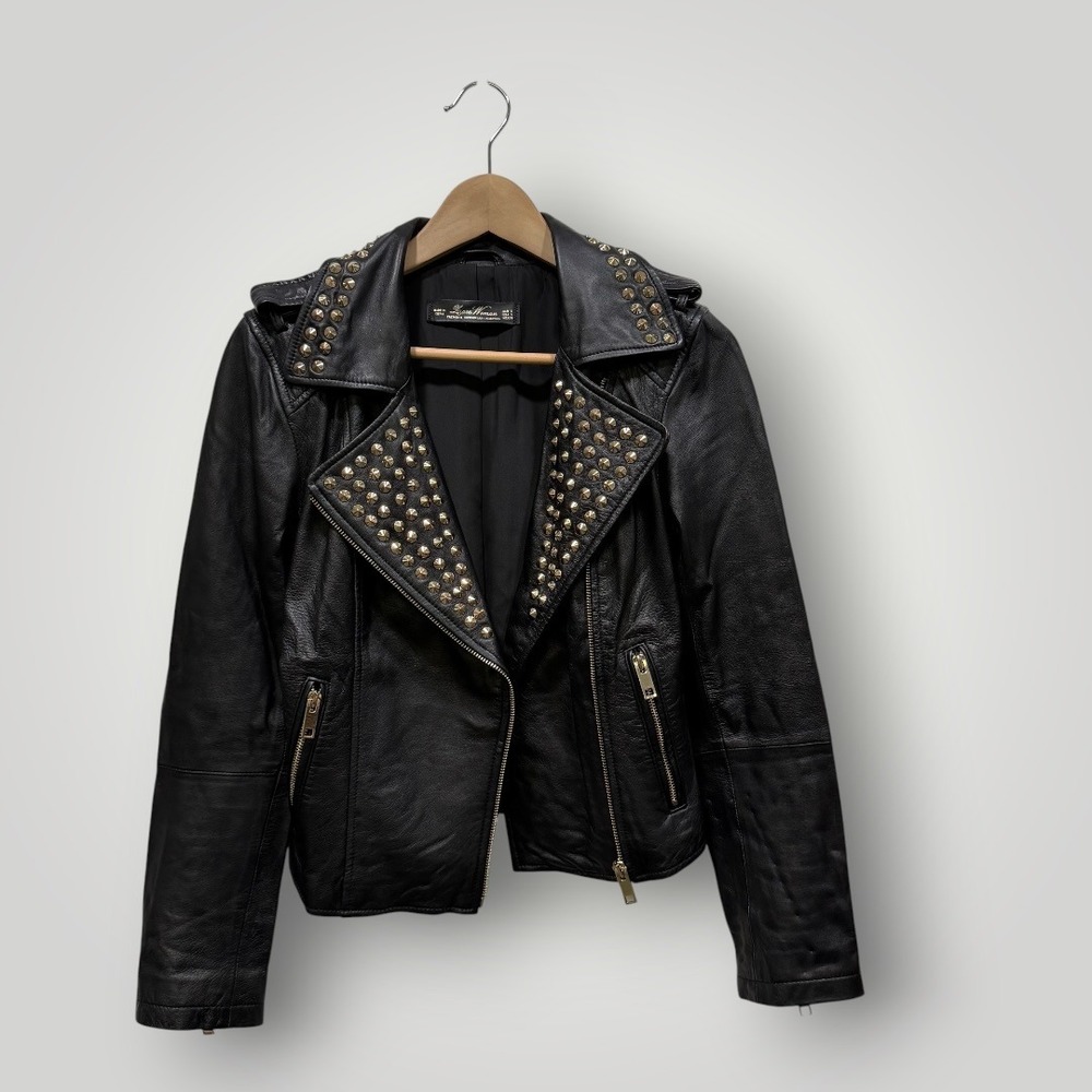 Zara Woman Black Studded 100% Lambskin Leather Moto Biker Jacket Sz S